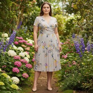 Leith Womens 1X Lavender Floral V-neck Short Sleeve Pleated Midi Dress